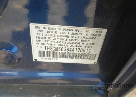 2004 Honda Accord 2.4 Lx z USA, uszkodzony, nr VIN 1HGCM56384A170611